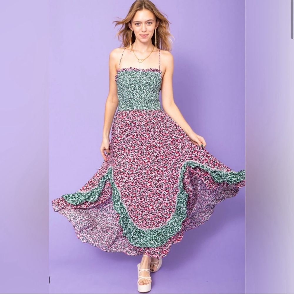 Free People Floral Maxi Dress in Green and Pink